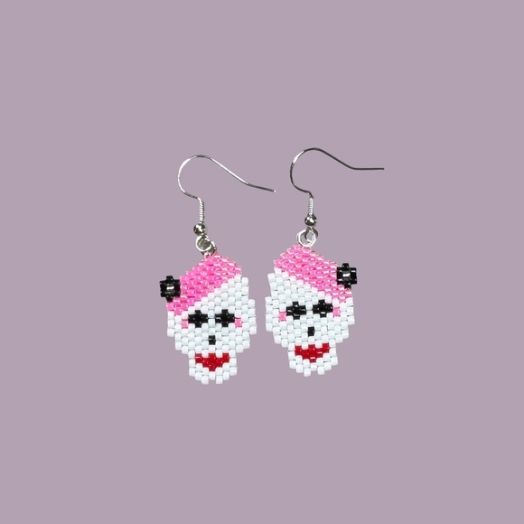 Pink & White Beaded Skull Earrings - Hand Crafted - Halloween Dia de Los Muertos - Picture 5 of 7